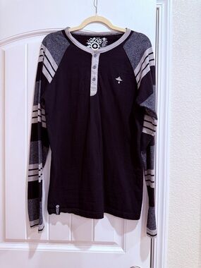 Lng Men’s Black & Gray Long-Sleeve Henley Shirt Top Large